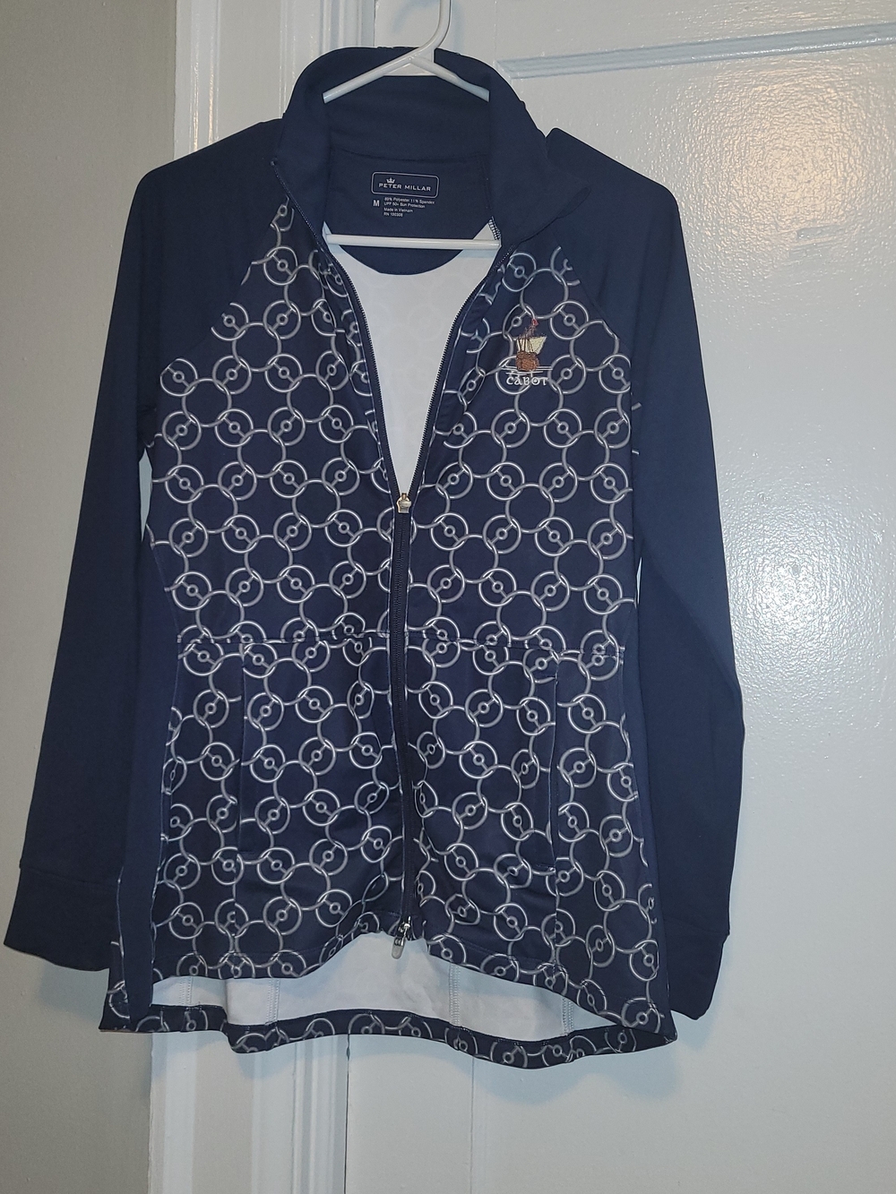 BNWT Womens Cabot Golf Logo Peter Millar Navy and White Patterned Zip Jacket Med